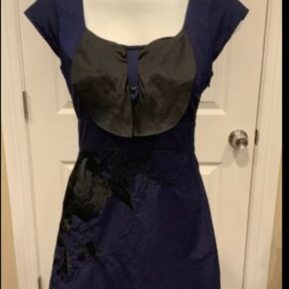 Floreat Anthropologie Sunless Skies Blue Black Floral Embroidered Bow Dress Sz2P - Picture 3 of 7